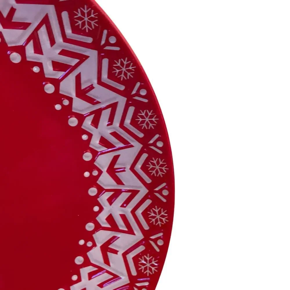 Holiday Red & White Melamine 11in Dinner Plates Set of 4 Christmas Snow New